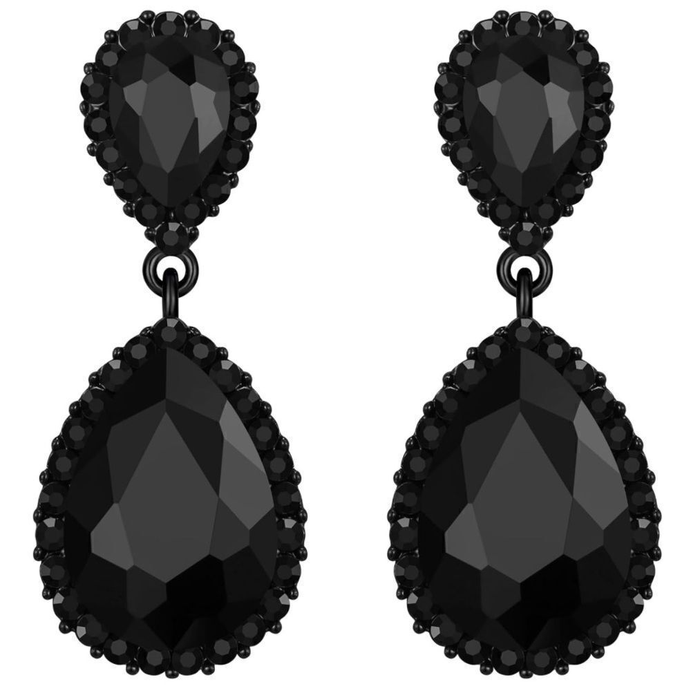 Carbon Black with Black Onyx Austrian Crystal Teardrop Post Back Earrings